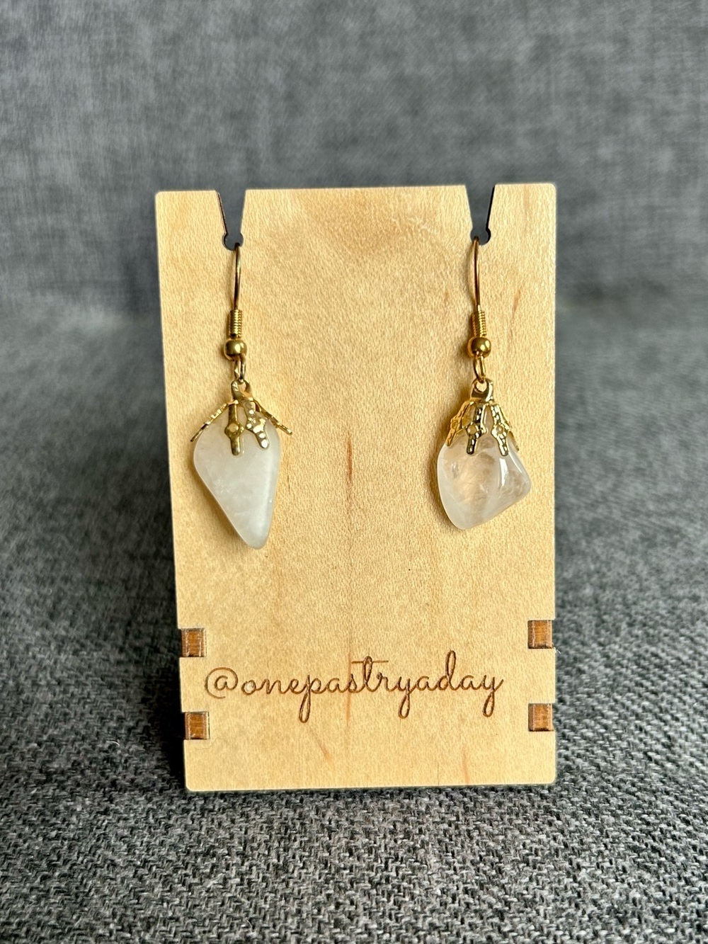 Pink Quartz Teardrop Dangle Earrings, Gold Decorative Caps, Fish Hooks